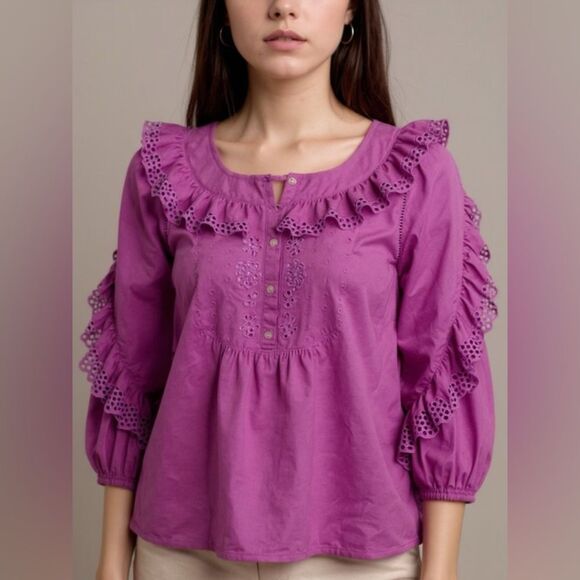 Vintage 90s J. Crew Purple 3/4 Sleeve Button Down V-Neck Scalloped #Lace Fringe - Picture 1 of 6
